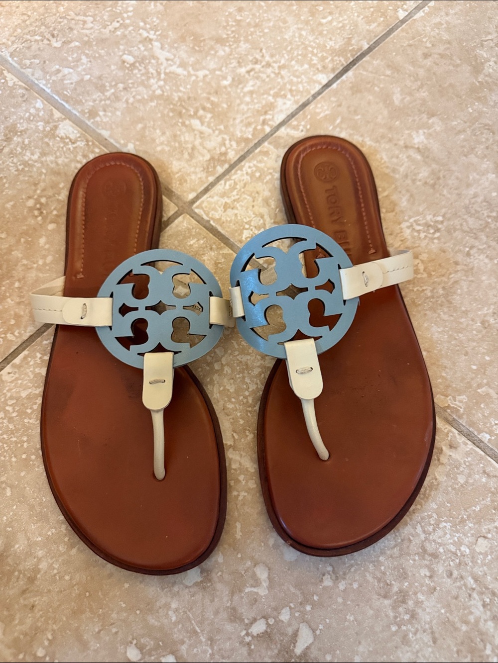 Tory Burch White Strap Sandals with Light Blue Logo Medallion